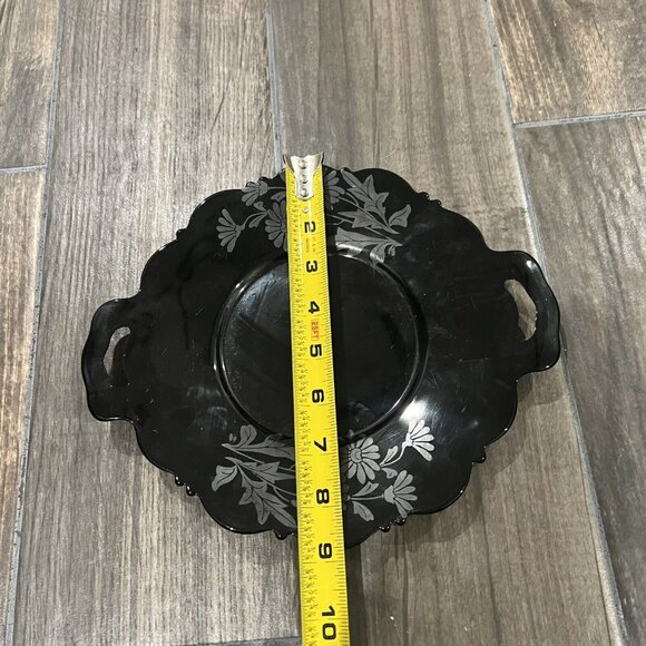 L.E. Smith Mt. Pleasant Black Amethyst Glass Serving Plate Dish Daisy 2 Handles - Picture 5 of 5
